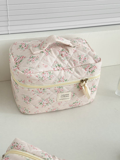Pink Floral Quilted Makeup Travel Bag Stylish Large Capacity