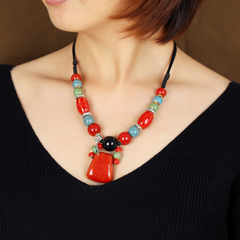 Retro Ethnic Style Ceramic Necklace For Women'S Simple Collar Chain Versatile Red Pendant Long Sweater Chain Pendant Accessories