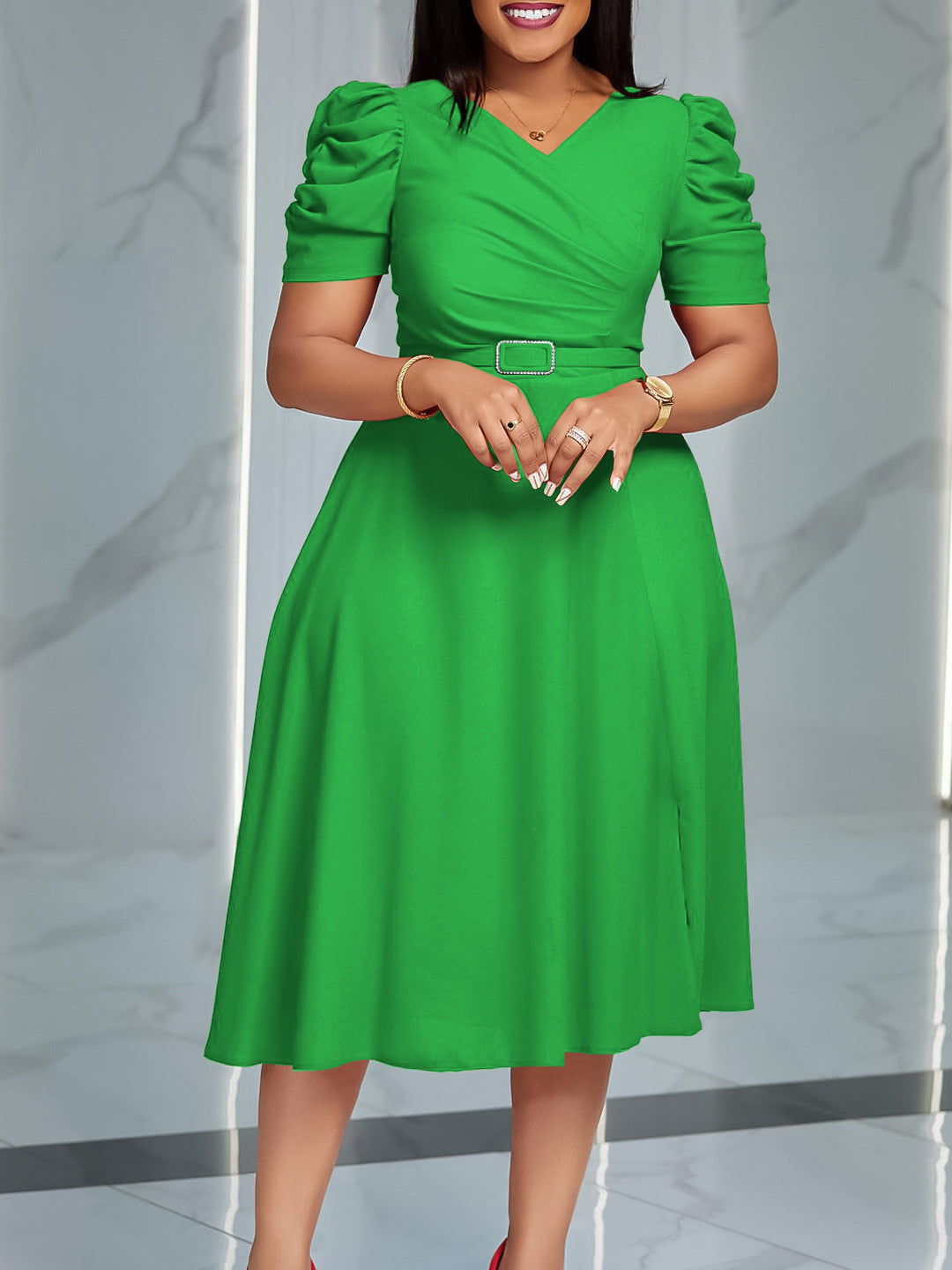 Elegant V-Neck Ruffle Maxi Dress With Belt