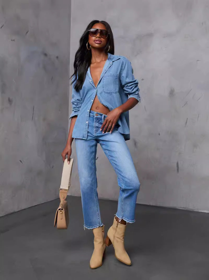 Women’s Denim Shirt Pocket Loose-Fit Long Sleeve Top