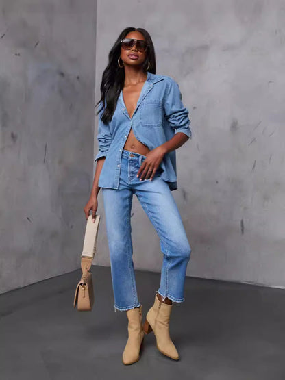 Women’s Denim Shirt Pocket Loose-Fit Long Sleeve Top
