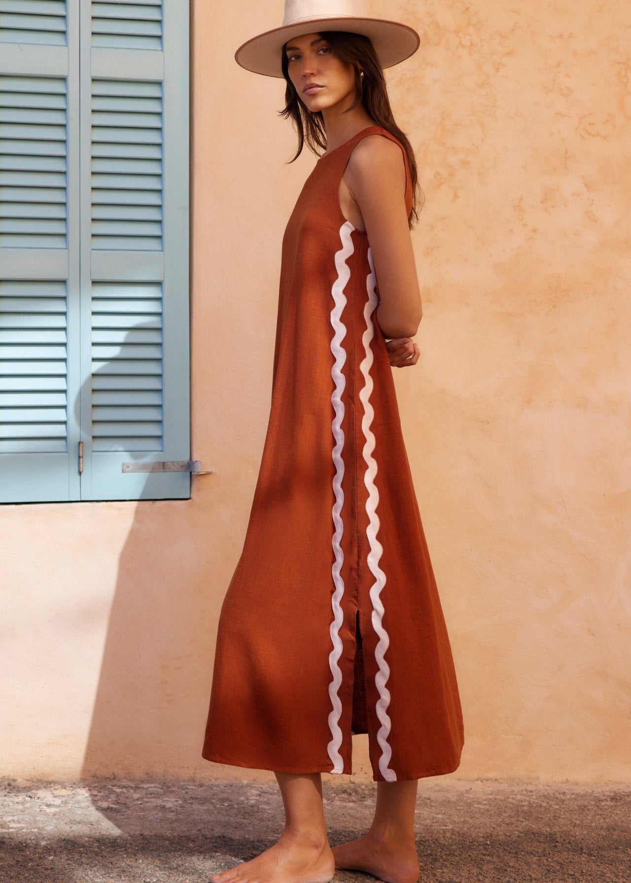 Sleeveless Acetate Midi Dress with Wavy Trim