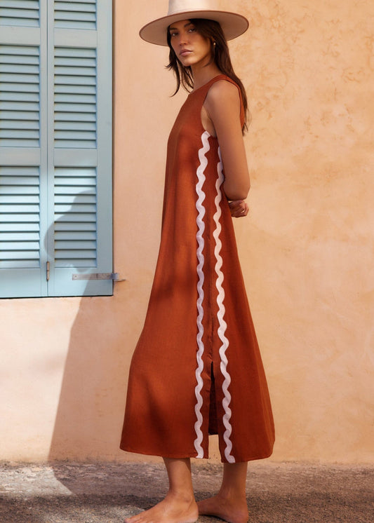 Sleeveless Acetate Midi Dress with Wavy Trim