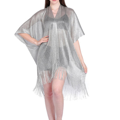 Women'S Sunscreen Shirt Gold And Silver Ribbon Sleeves Split Shawl Resort Beach Blouse