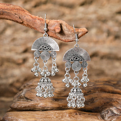 Ethnic Style Silver Earrings with Peacock Floral and Leaf Design