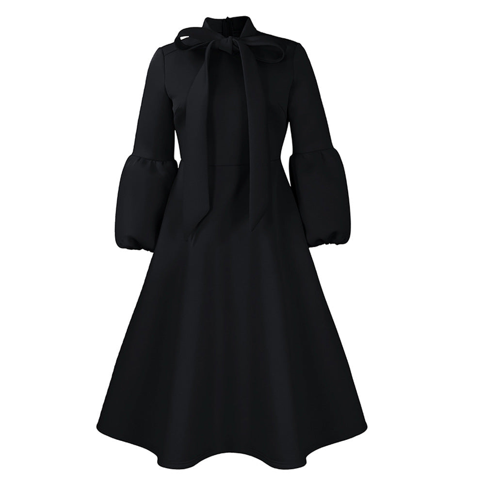 Elegant High-Waisted Dress With Puff Sleeves And Flared Skirt
