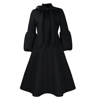 Elegant High-Waisted Dress With Puff Sleeves And Flared Skirt