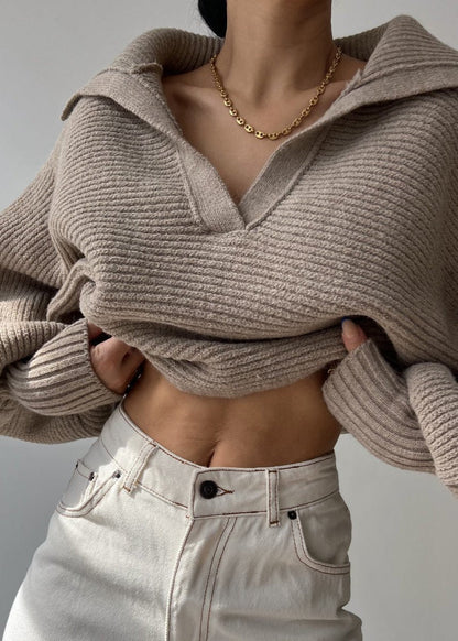 Oversized Ribbed Knit Sweater With Collar