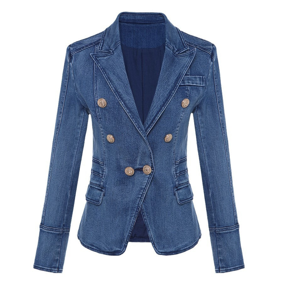 Elegant Double-Breasted Lion Button Denim Jacket