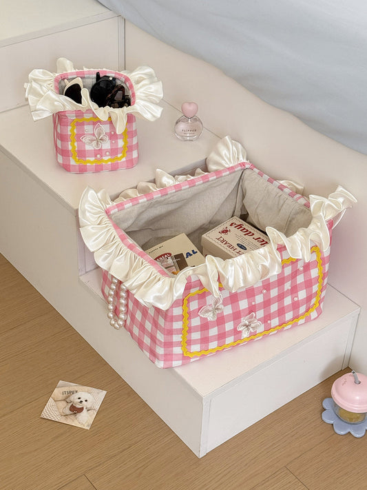 Colorful Grid Lace Laundry Basket Multi-Functional Storage Box