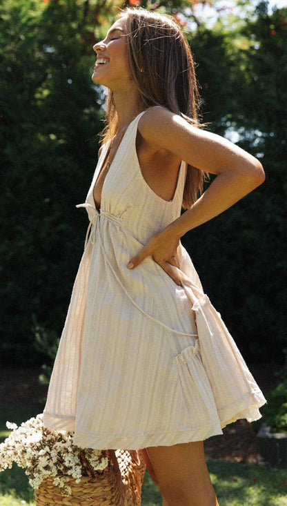 V-Neck Drawstring Irregular Sleeveless Mini Dress