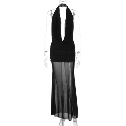 Fashionable Hollow Backless Deep V Bodycon Dress and Mesh Skirt Set