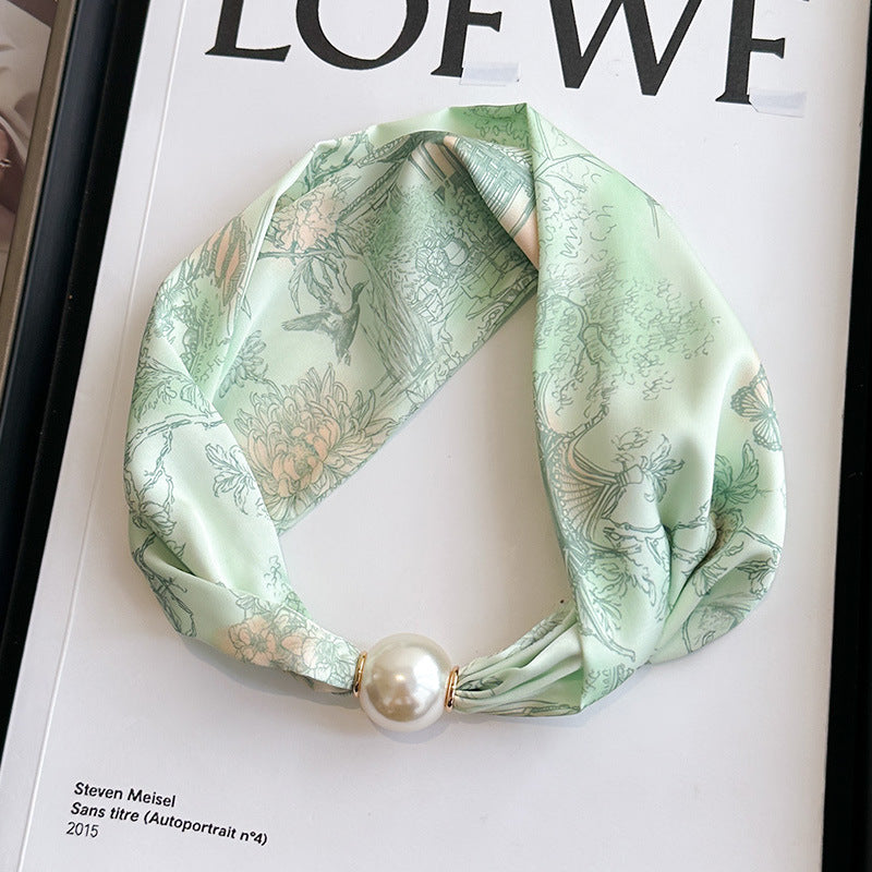 Elegant Print Large Pearl Silk Scarf