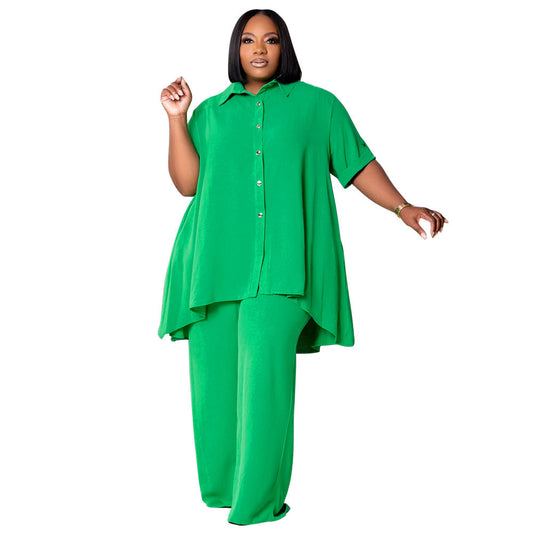 Fashionable Plus Size Short Sleeve Top And Wide Leg Pants Set