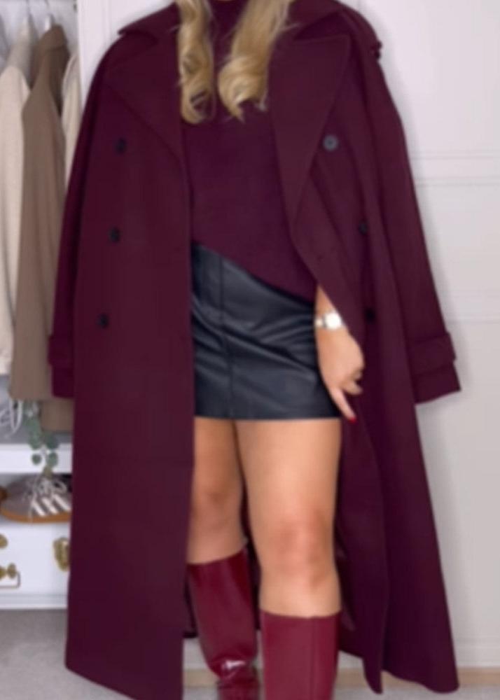 Belted Wool Coat Double Breasted Burgundy