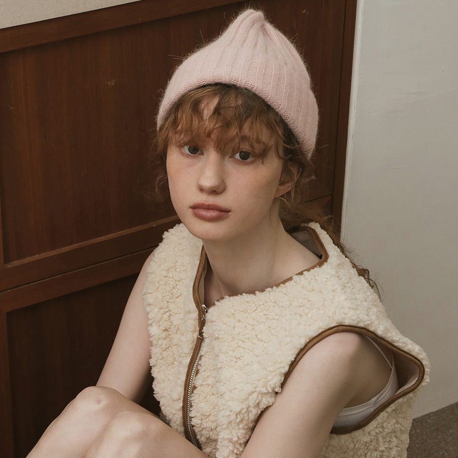 Classic Striped Knit Rabbit Fur Blend Beanie Hat