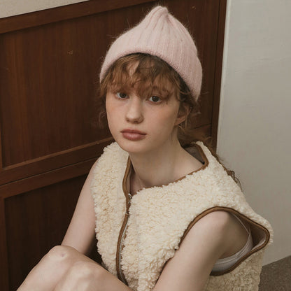 Classic Striped Knit Rabbit Fur Blend Beanie Hat