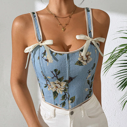 Sensual Floral Lace-Up Cami Top Vintage Style
