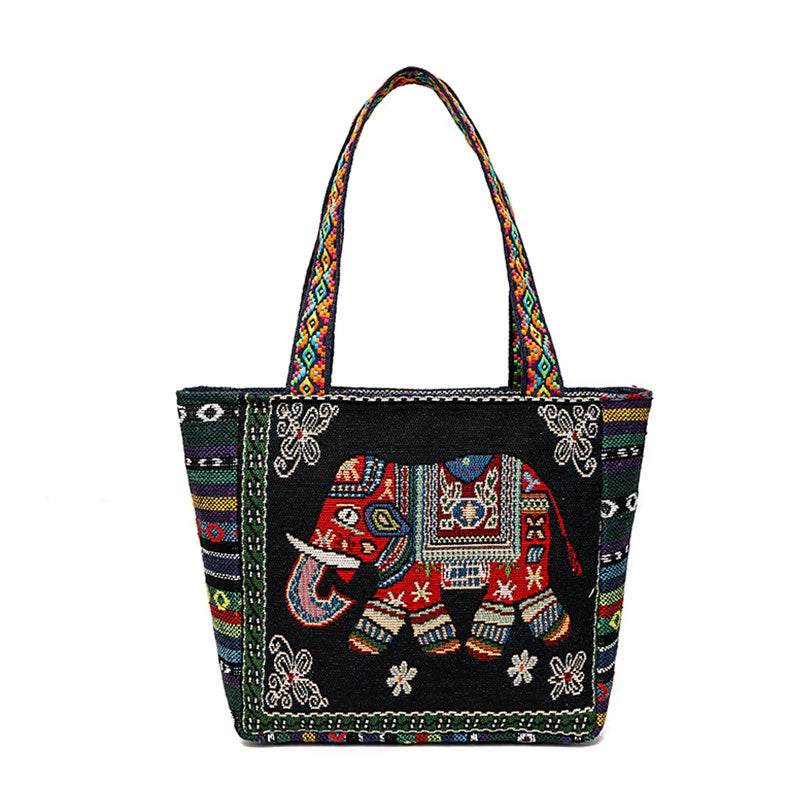 Tote Bag Women'S Bag Going Out Canvas Bag Double-Sided Casual Embroidery Large-Capacity Handbag Ethnic Style Small Square Bag