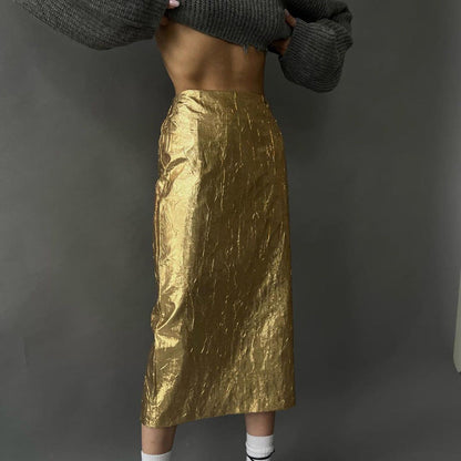 High-Waisted Ruched Midi Skirt with Slit