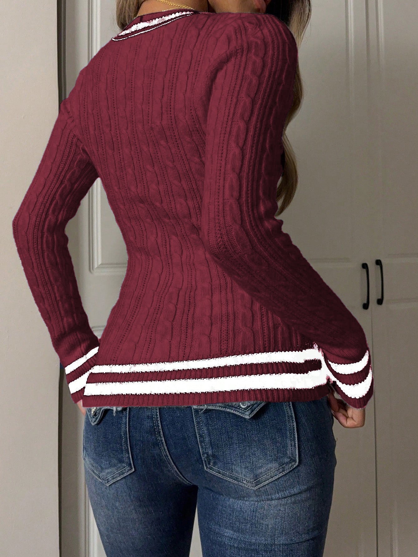 V-Neck Long Sleeve Knit Sweater for Women in Color Block Design