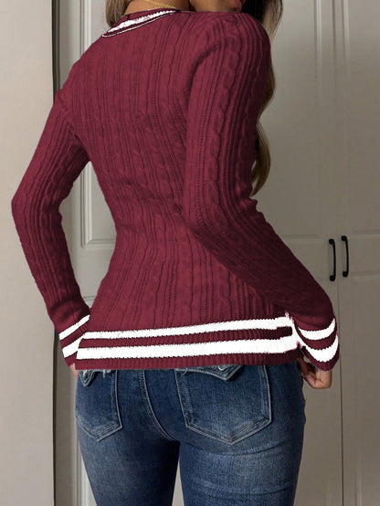V-Neck Long Sleeve Knit Sweater for Women in Color Block Design