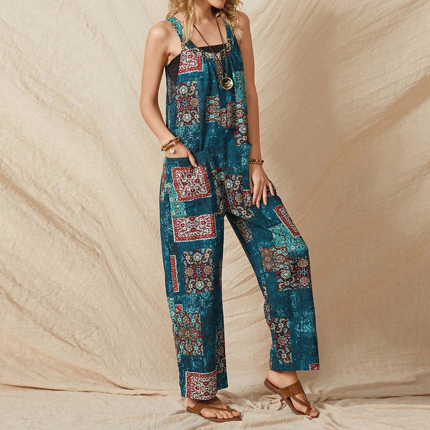 Women'S Loose Print Suspenders Vintage Casual Cotton Linen Jumpsuit
