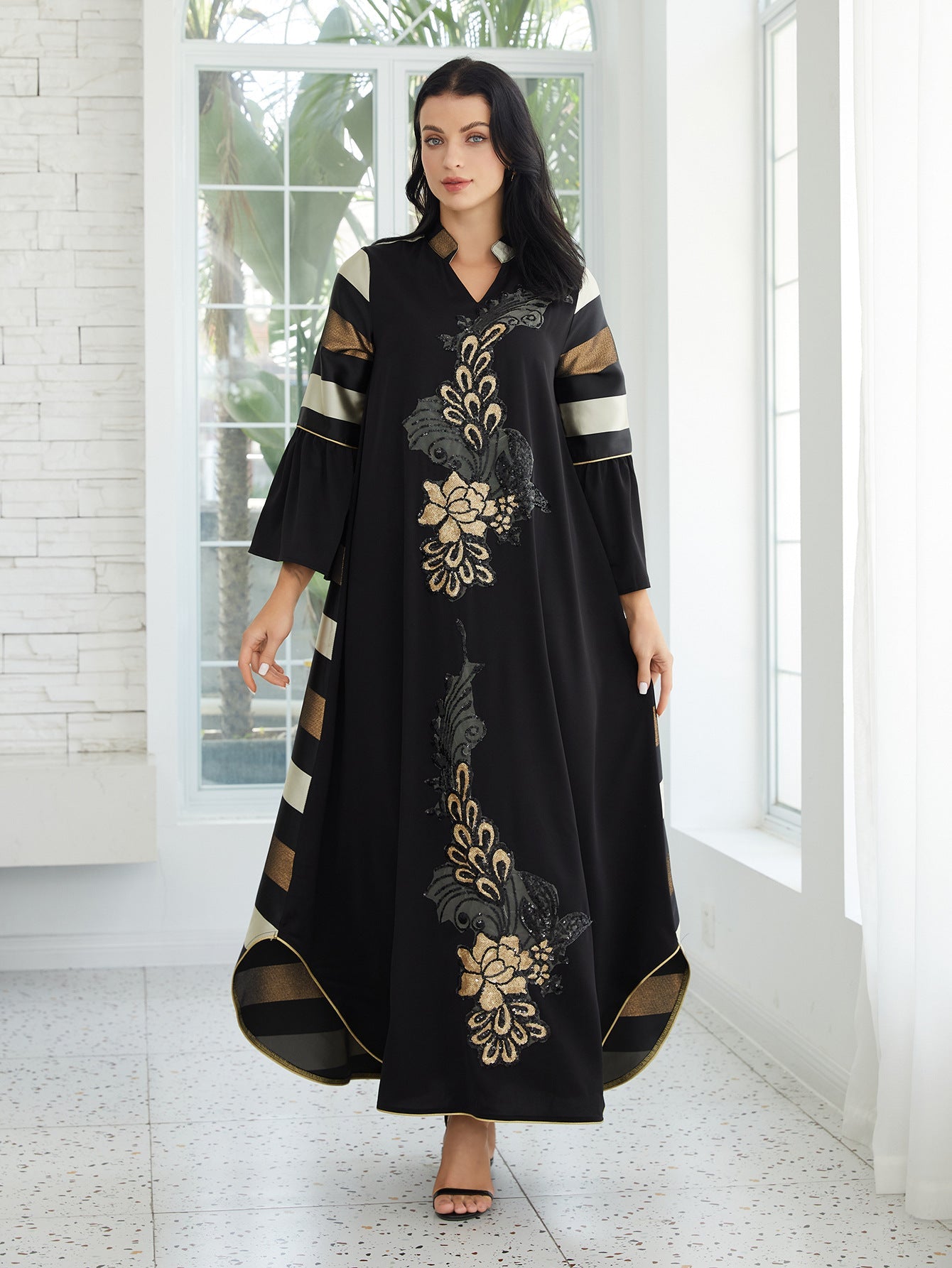 Elegant Black Muslim Abaya Maxi Dress with Ruffled Sleeves