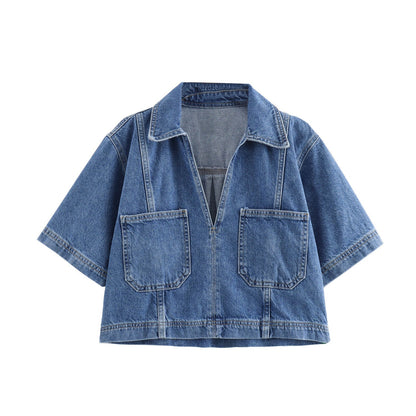 Trendy Cropped Denim Shirt and Skort Set