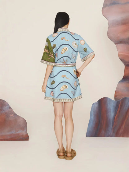 Casual Elegant Linen Shirt Dress with Animal Print