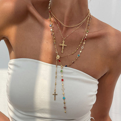 Hip Hop Cross Pendant Necklace With Imitation Pearl Chain