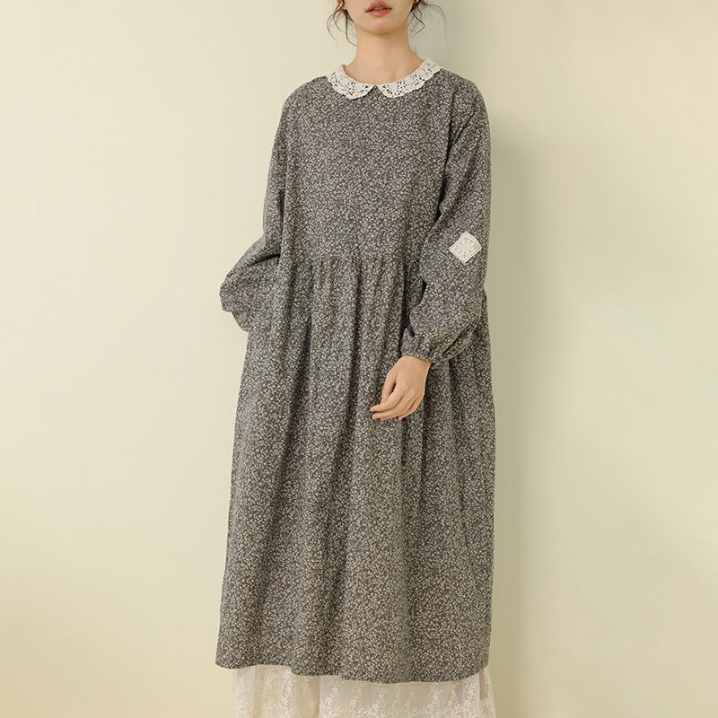 Sweet A-Line Floral Cotton Linen Long Sleeve Dress