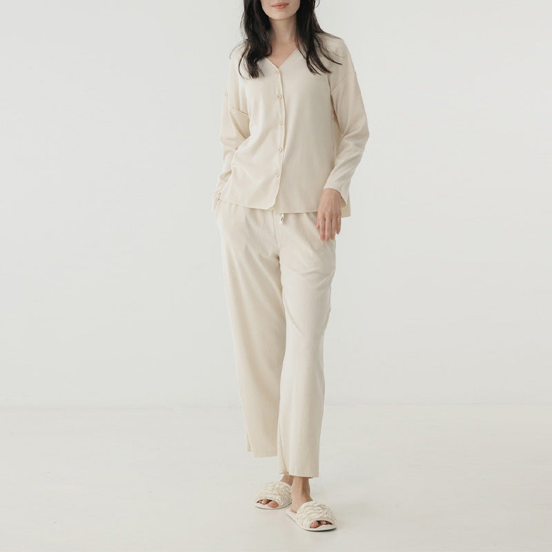 V-Neck Long Sleeve Pajama Set With Wide Leg Pants