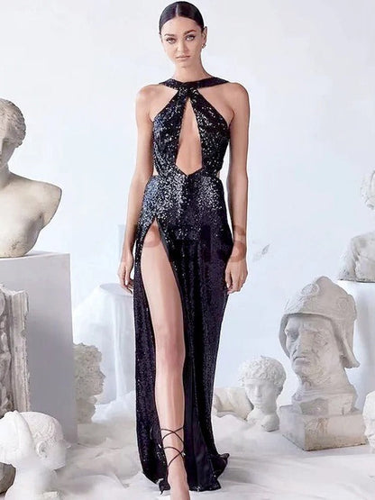 Sequined Halter Neck Dress Elegant Evening Gown