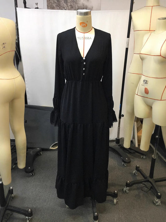 Solid Color V-Neck Long Sleeve Maxi Dress