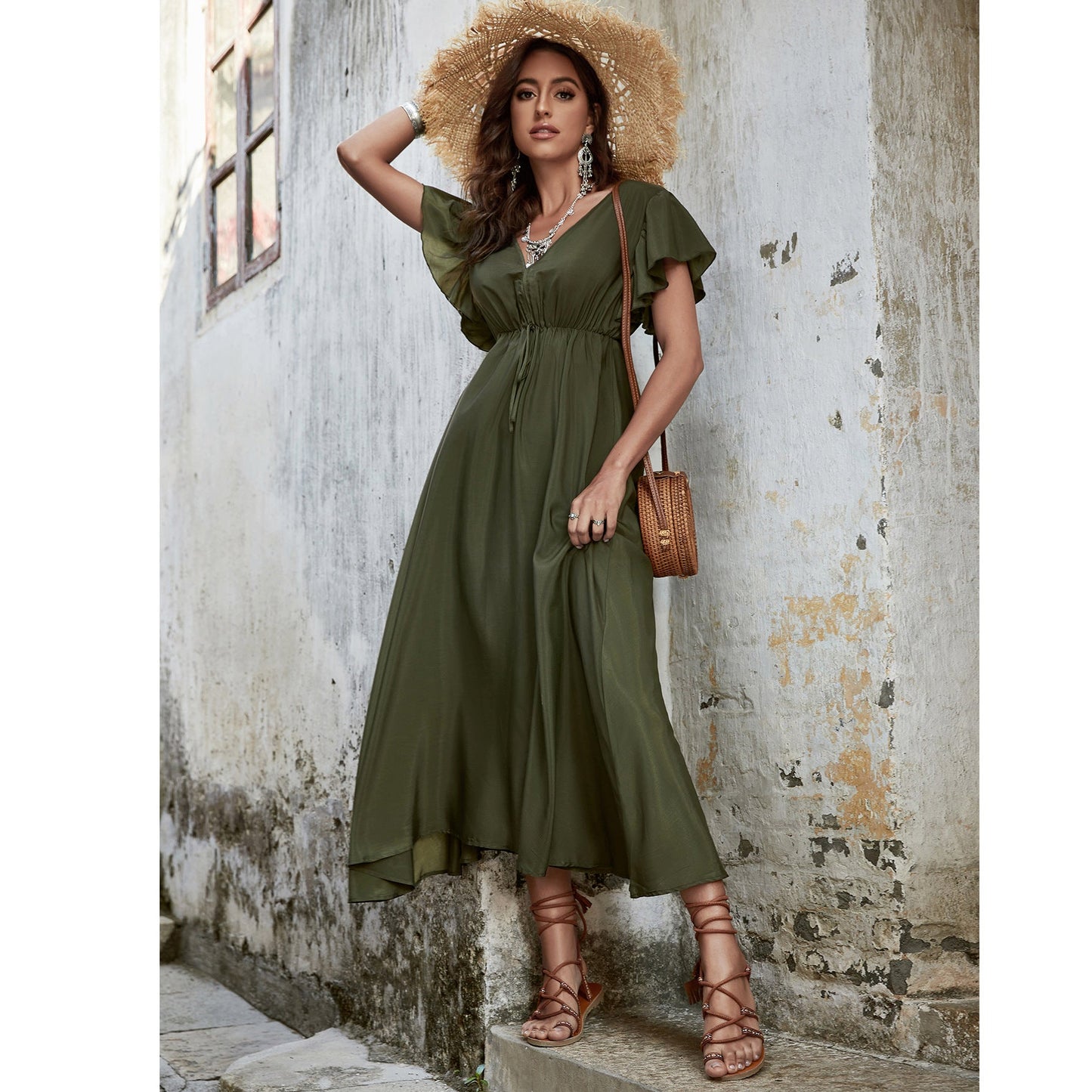 V-Neck High Waisted Slim Open Back Dress