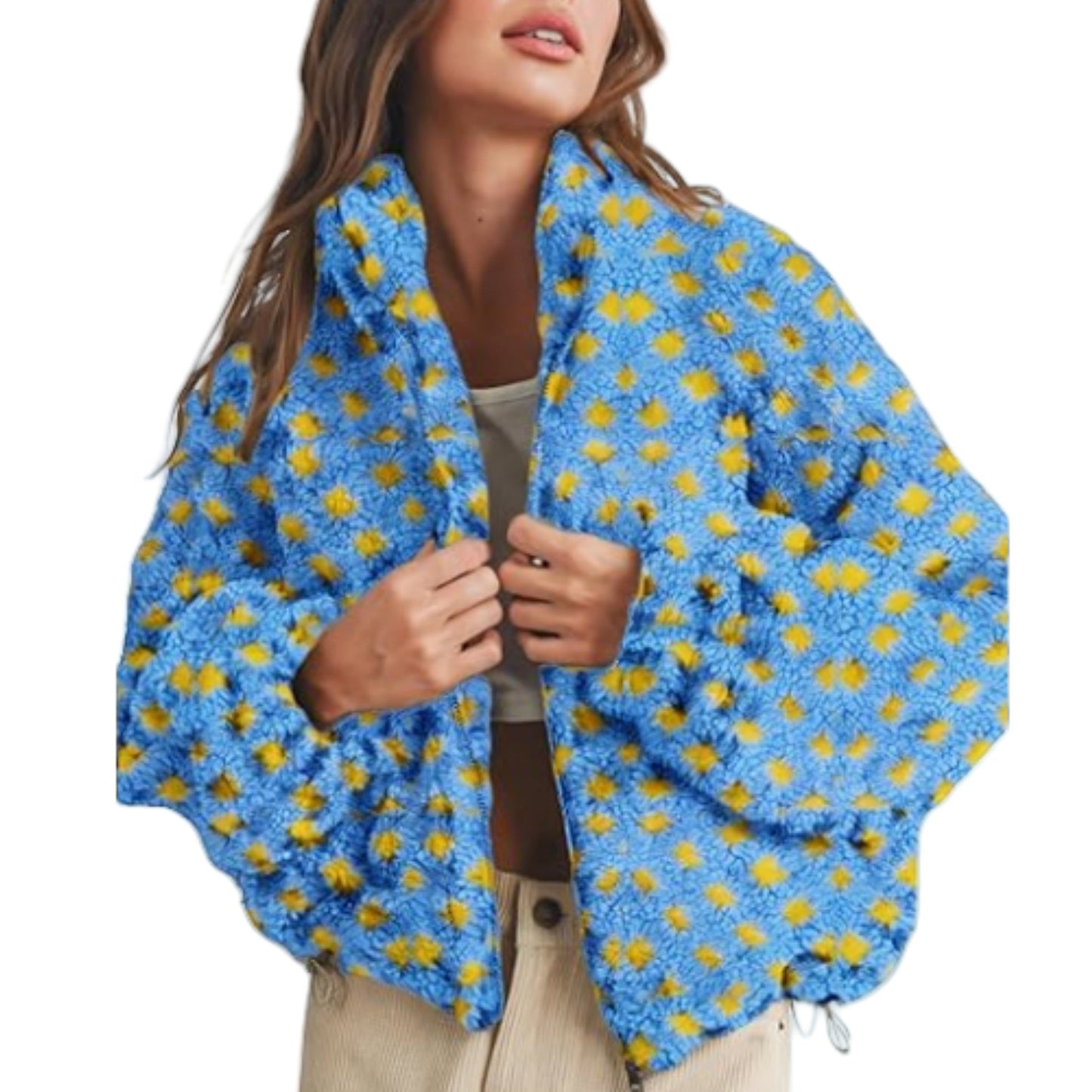 Color Block Plaid Stand Collar Shearling Jacket