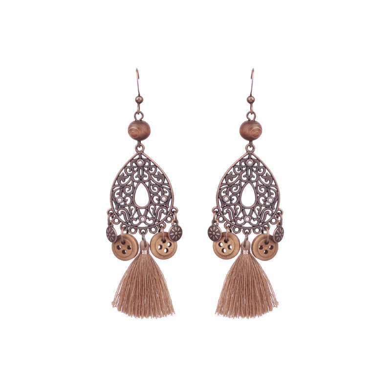 Retro Water Drop Shape Wooden Earrings Handcrafted with Tassels