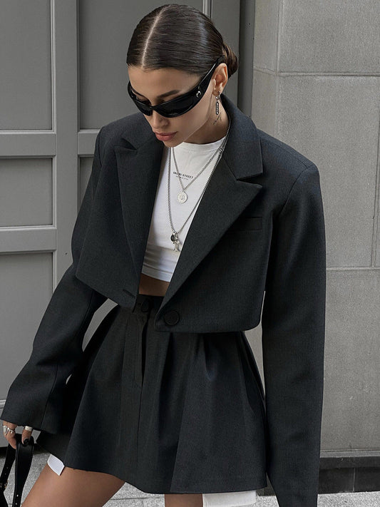 Elegant Blazer Skirt Set Solid Color Polyester Fashion