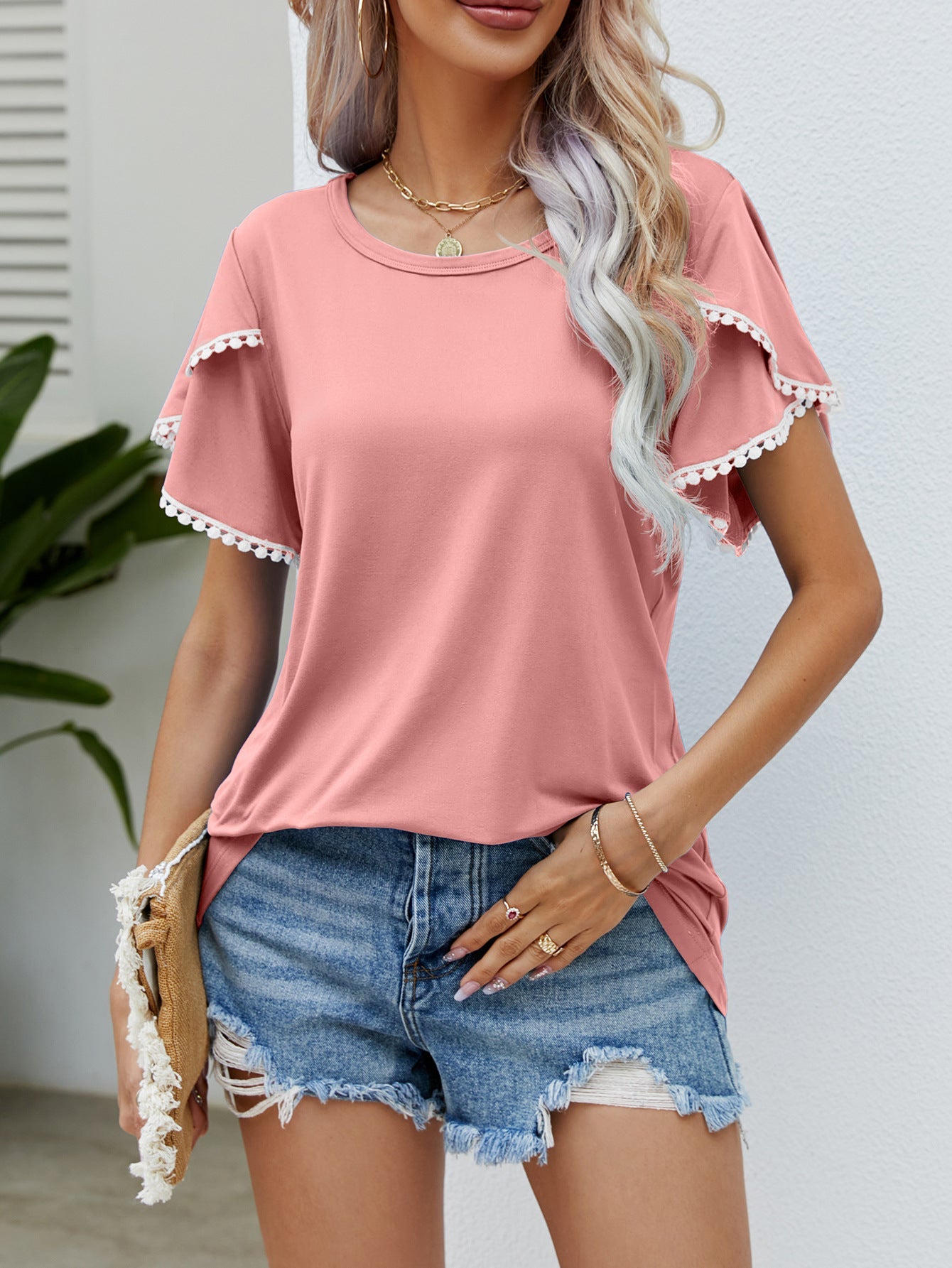 Summer New Round Neck Fringed Tulip Sleeve T-Shirt Casual Top Woman