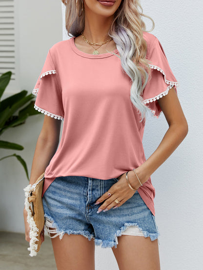 Summer New Round Neck Fringed Tulip Sleeve T-Shirt Casual Top Woman