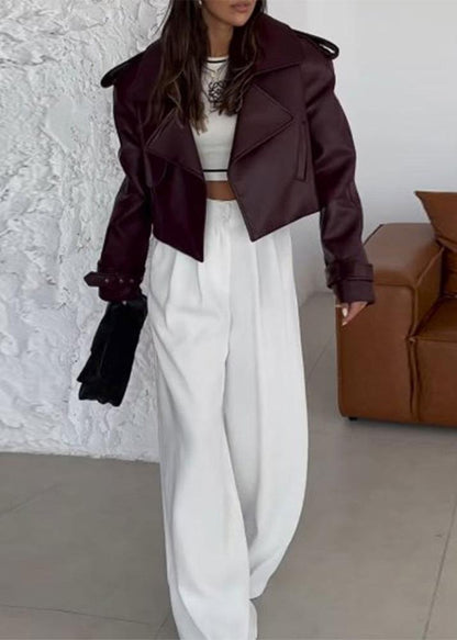 Cropped Leather Jacket With Oversized Lapel