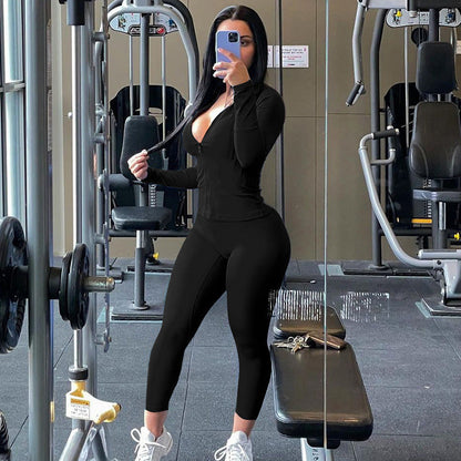 Solid Color Zip-Up Athletic Jacket With Long Pants Set