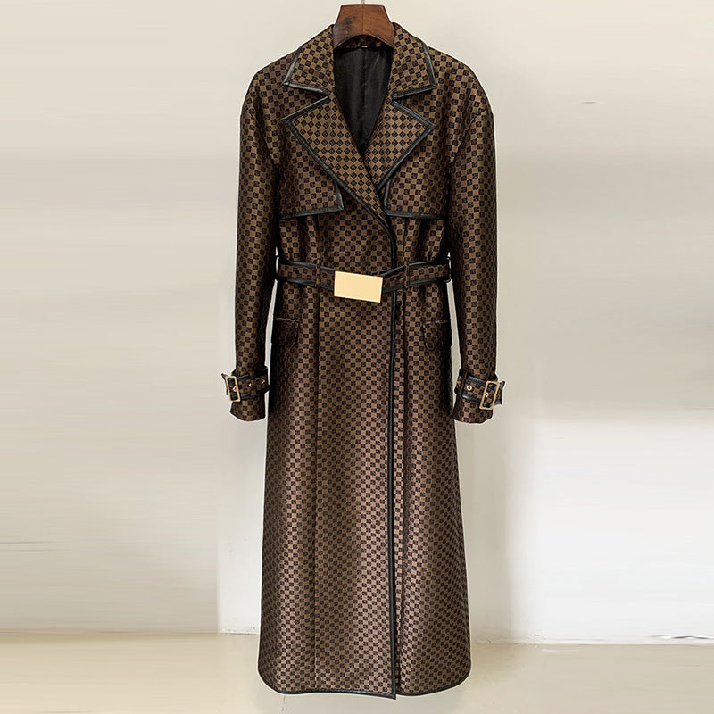 Fashionable Long Coat With Maze Pattern And Belt