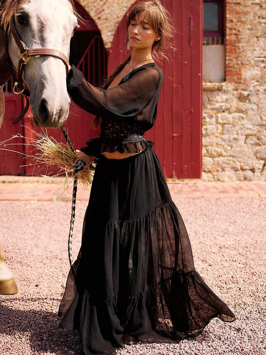 Fashionable French Lace Chiffon Cardigan Top with Tie Long Dress