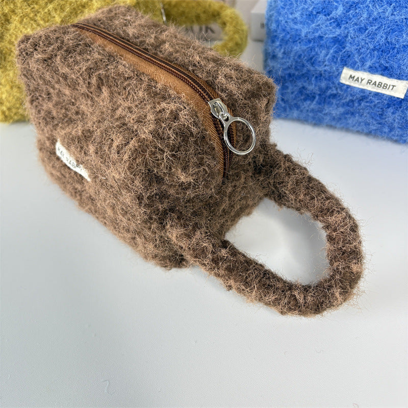 Simple Plush Solid Color Cosmetic Bag With Handle