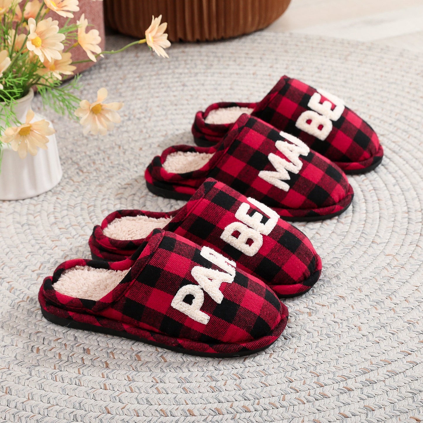 Winter Letter Embroidery Plaid Warm Indoor Slippers