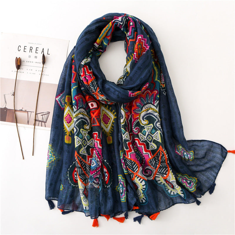 Japanese Literary And Artistic Fresh Cotton And Linen Scarf Retro Patchwork Bohemian Cashew Print Silk Scarf Beautiful Sunscreen Scarf