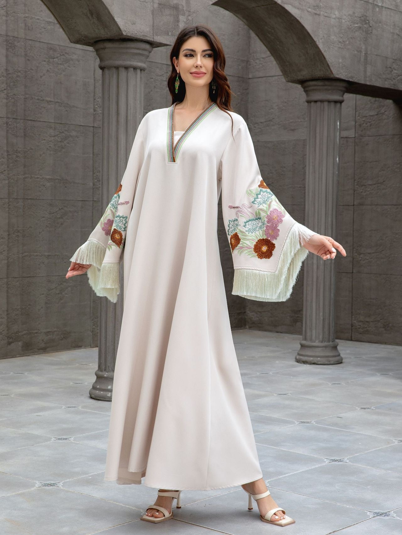 Embroidered Tassel V-Neck Abaya Dress for Women