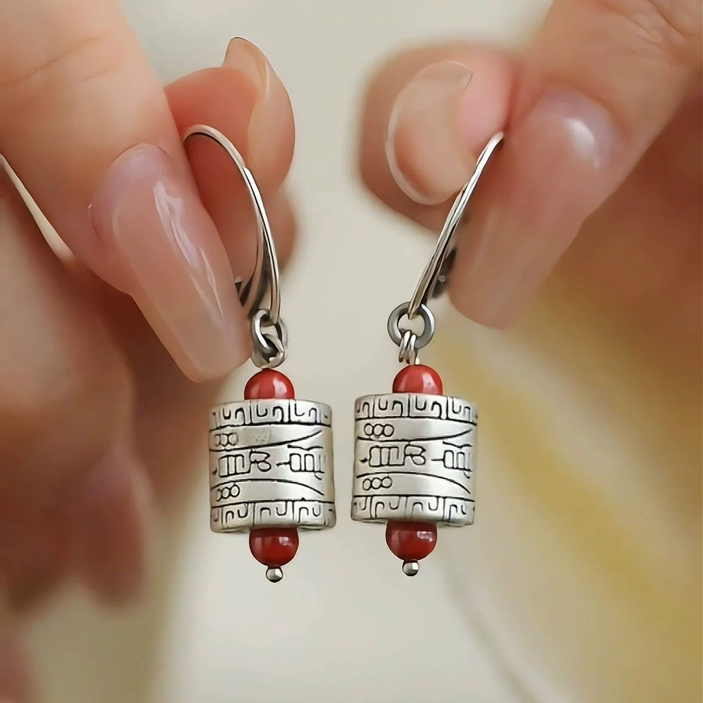 Talisman Bucket Beads 925 Silver Earrings New Tibetan Retro Old Elegant Ethnic Style Festive And Safe Versatile Earrings